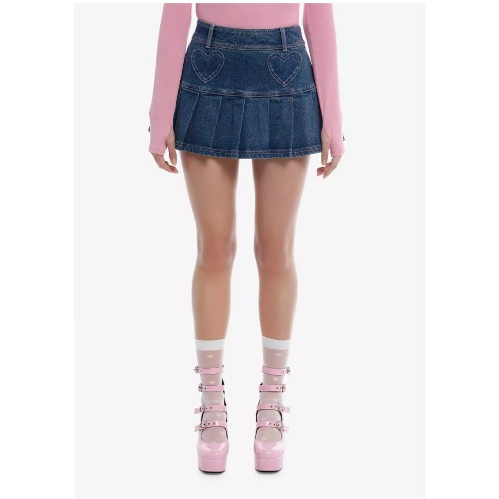 Sweet Society Denim Heart Pocket Pleated Mini Skirt Y2K Blue Size Large